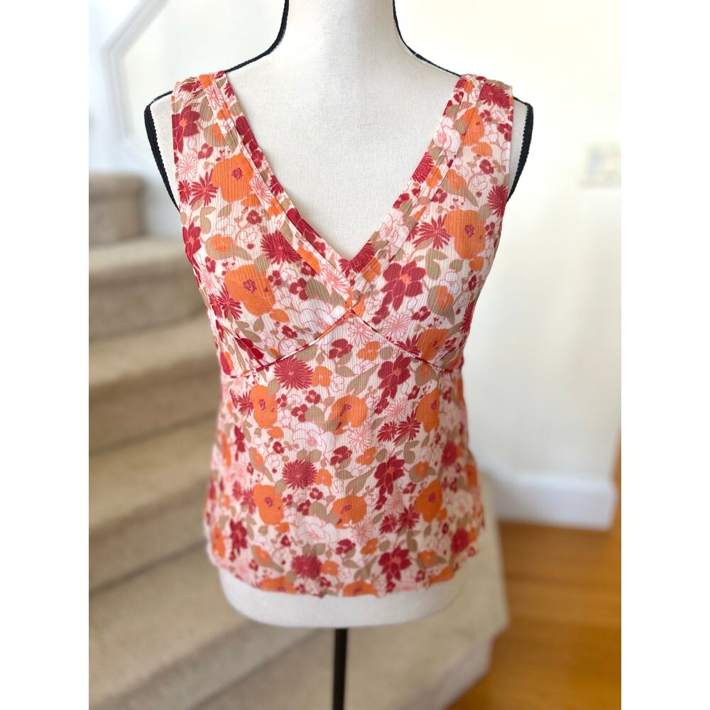 Vintage Y2K Ann Taylor Silk Pink Orange Babydoll Sleeveless V-neck Blouse